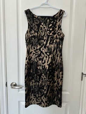 Frank Lyman Designer Black & Gold Metallic Animal-Print Midi Sheath Dress 8